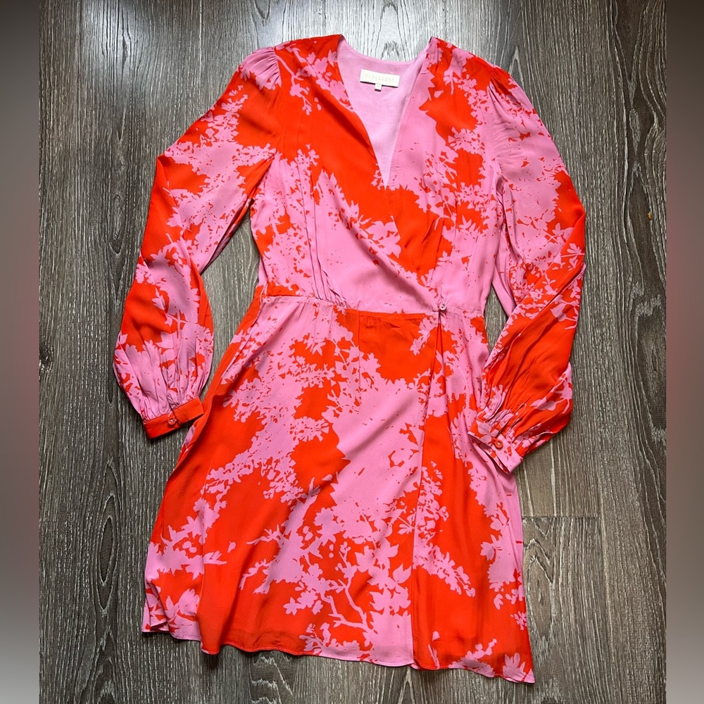 Women’s Anthro Caballero Elegant Orange and Pink Floral Wrap Dress size XS
